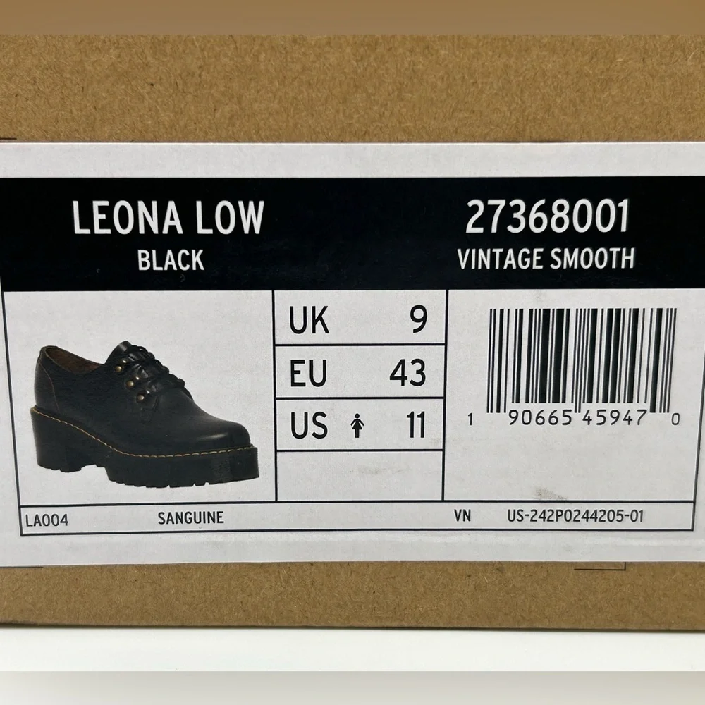 Dr. Martens Leona Lo Platform Oxford Shoes Black Leather Lug Sole Size 11 NWB